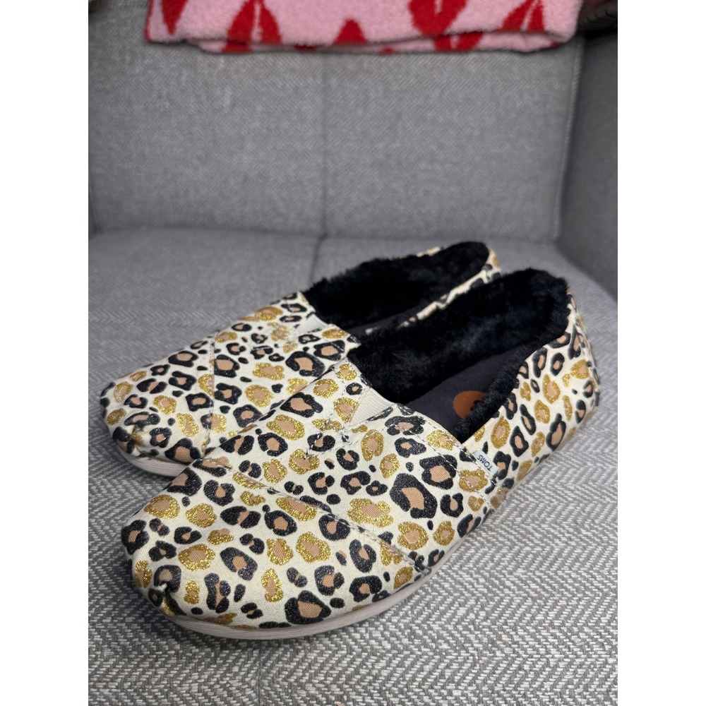 TOMS Women Leopard Print Gold Glitter Faux Fur‎ Lined Alpargata Shoes Size 8